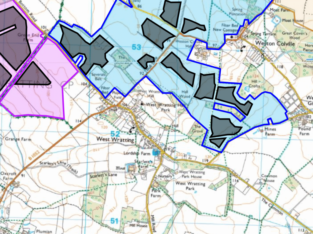 Map showing solar farm near West Wratting